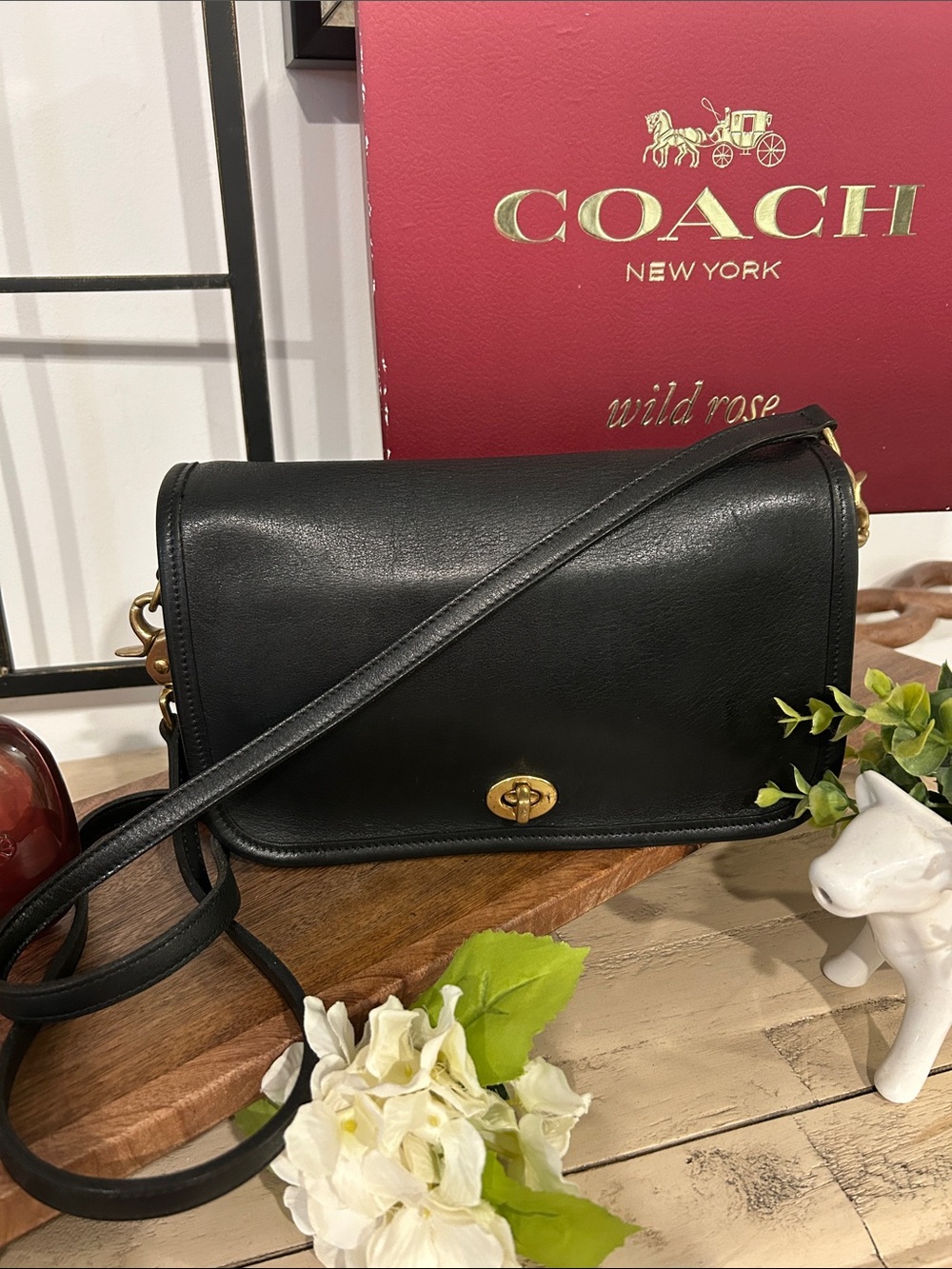 Coach Black Leather Turn-Lock Crossbody Bag with Gold Hardware